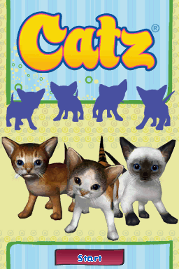 A screenshot of the titlescreen of the original Catz game for Nintendo DS. Three low-poly kittens look at the viewer above a 'START' button.