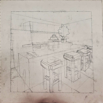 A pencil sketch on a square piece of unstretched canvas depicting a cubic scene suggesting a kitchen of some kind. The sketch is rough and unfinished.