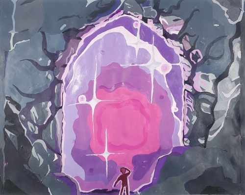 An acyrilic painting of a blue-gray natural cave with an impossibly large purple and magenta portal swirling at its center. The back of a small figure in the foreground is backlit by the portal, its purple light reflecting on the rocks closest to it.